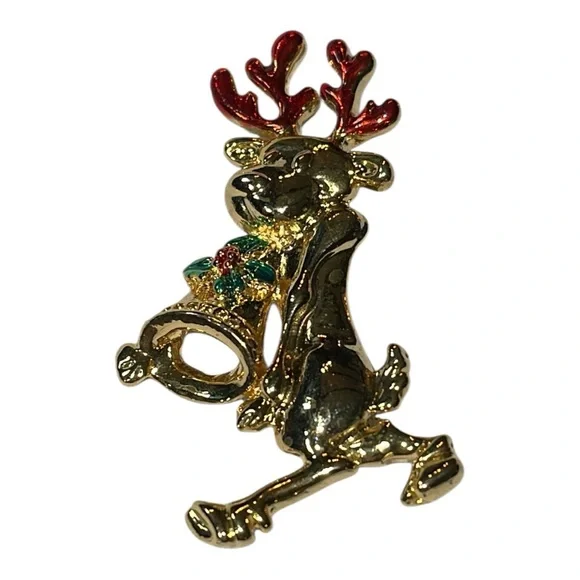 Festive Gold Reindeer Brooch with Red and Green Accents - Picture 2 of 7